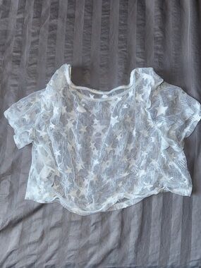 SHEIN White Star Print Mesh Sheer Crop Top - Size M